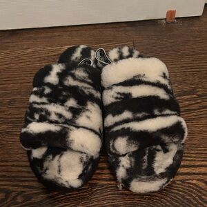 UGG Black and White Fuzzy Slippers